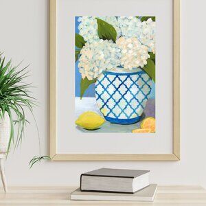Farmhouse Style Hydrangea Painting White & Blue Vase Floral Decor Fashion Art